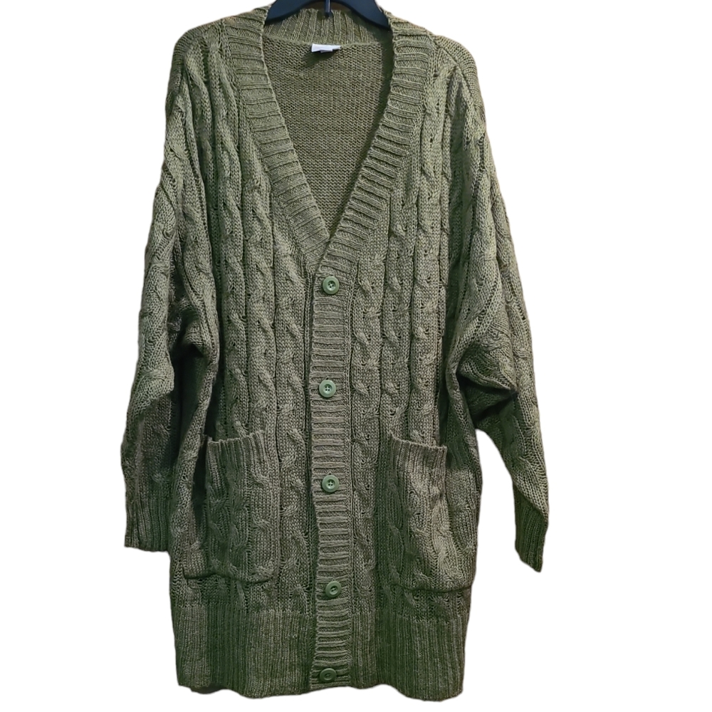LLR LuLaRoe Lucille Olive Green Cable Knit Cardigan Sweater w Pockets Sz L